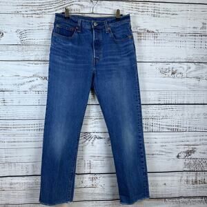 Womens Levis 501 Dark Blue Denim Jeans Button Fly HEMMED Straight leg Sz 28x27